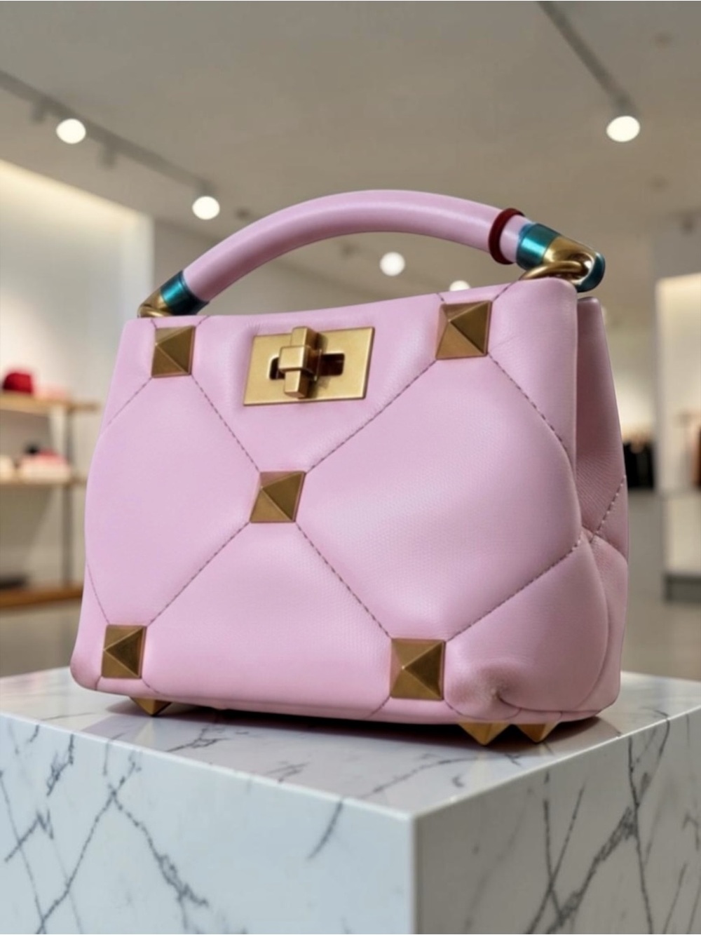Valentino Napa Roman Gold Stud Leather Small Pink Shoulder Bag